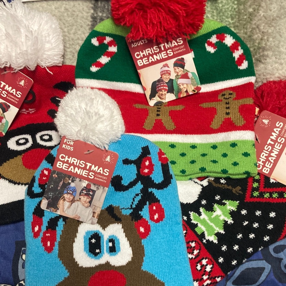 Festive Christmas Beanies with Pom Poms Set of 4